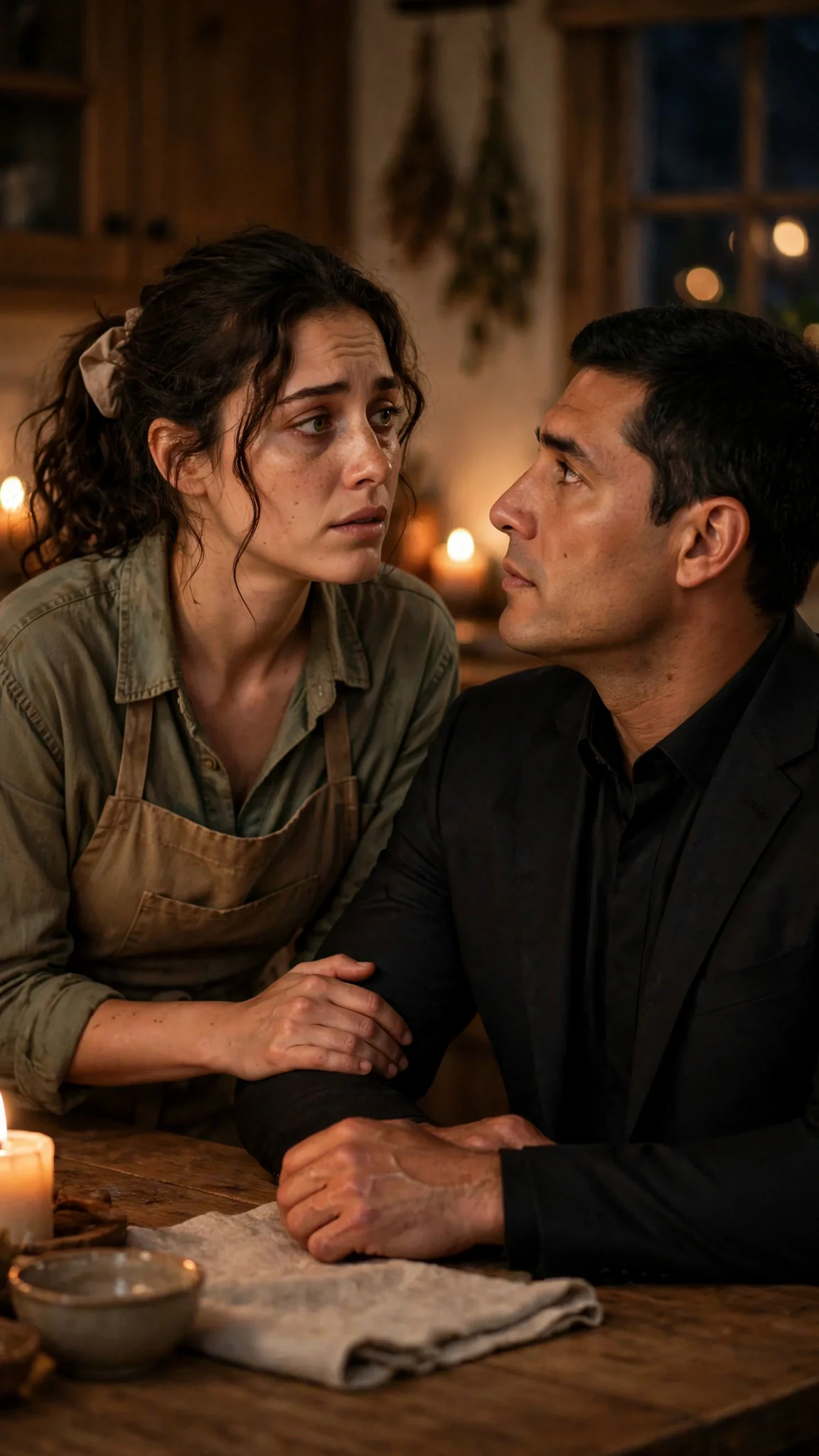Veda lifts her chin to meet Aurelio's eyes across the table.