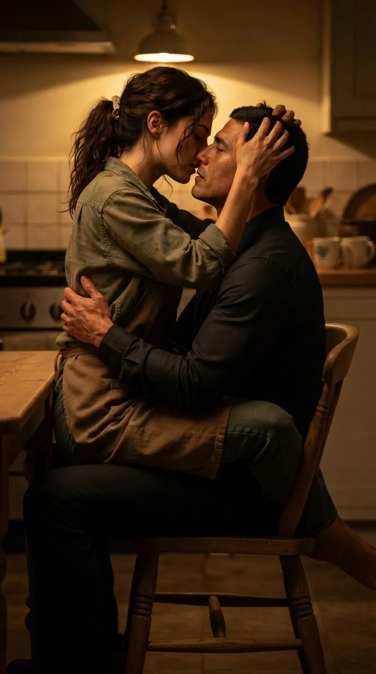 Veda straddles Aurelio's lap in the kitchen chair, kissing him hard.