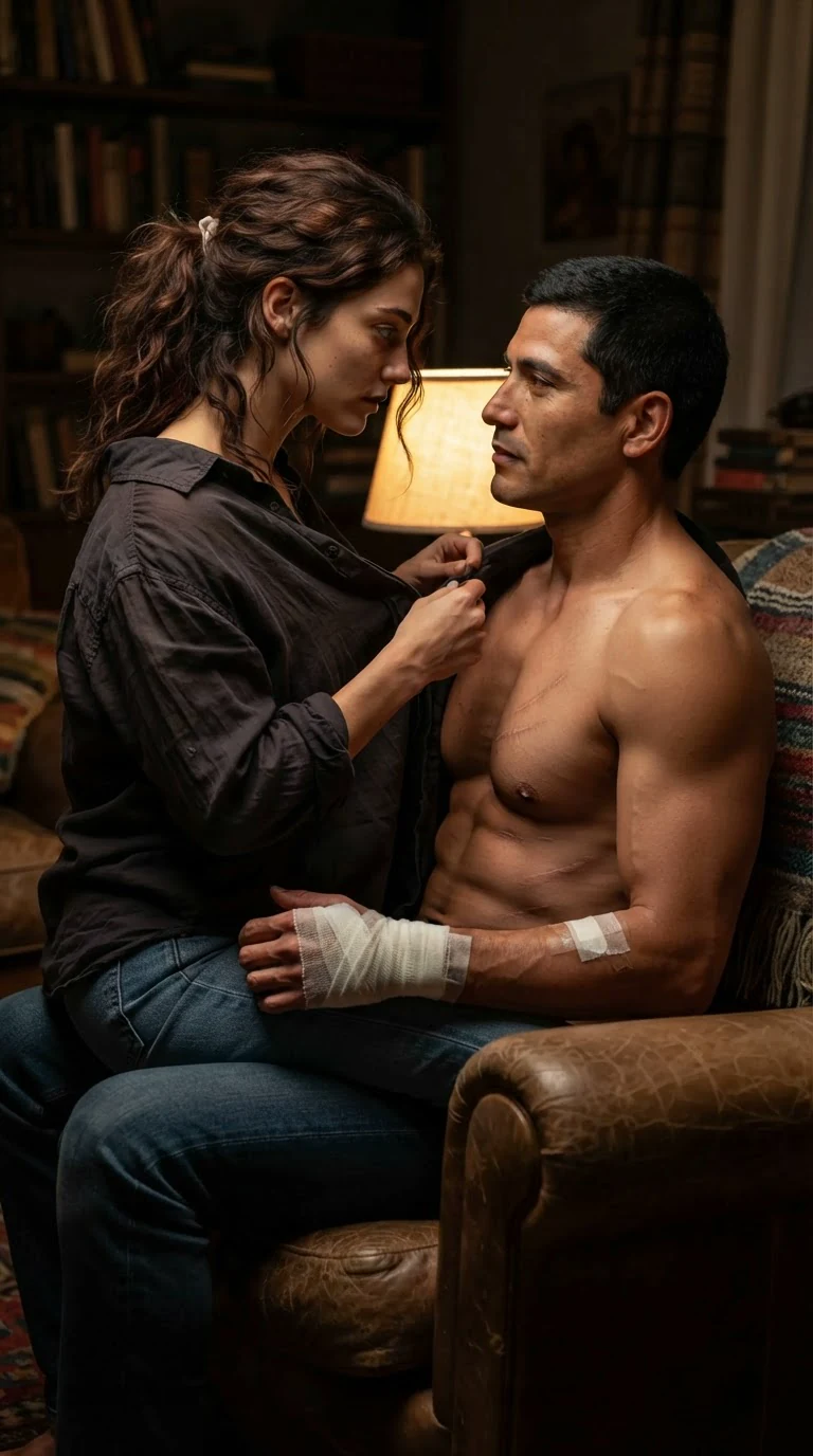 Veda eases his shirt off his shoulders while he watches her.