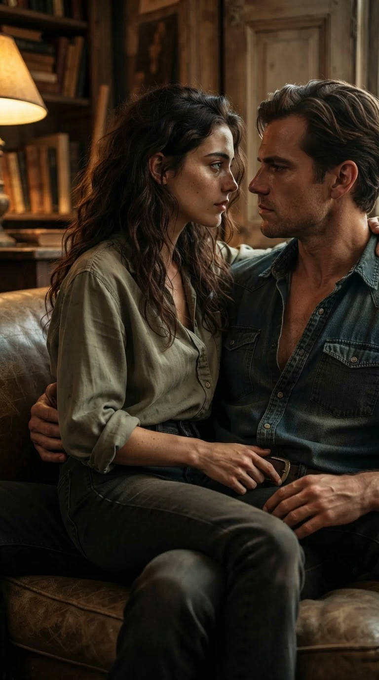 Veda's hand at his open belt, his face tight, her face hot.