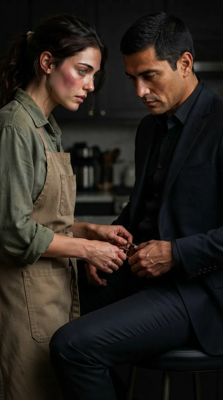 Her shaking hands work his belt open while he watches.
