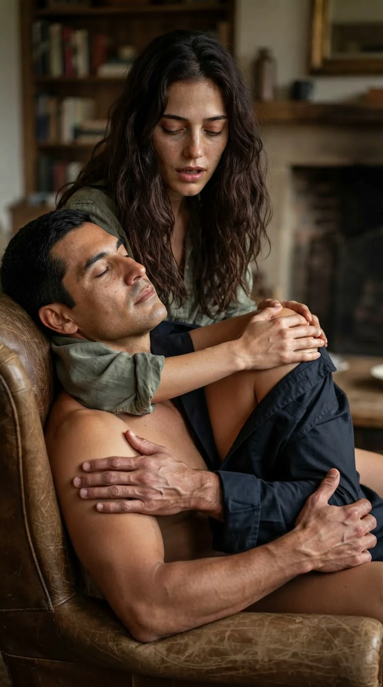 Veda sinks down onto his lap, her mouth open, his head tipped back.