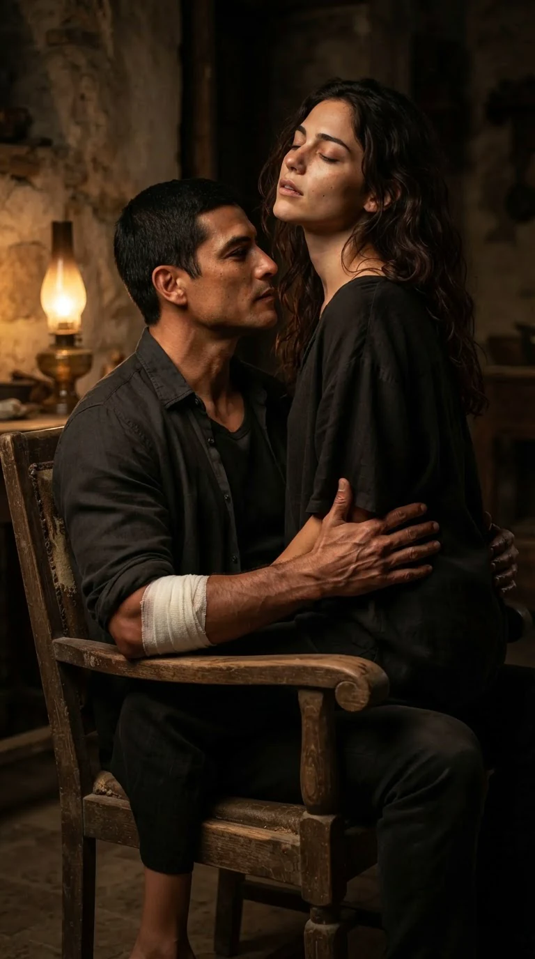She moves on his lap, the wooden chair creaking, his hand clamped on her hip.