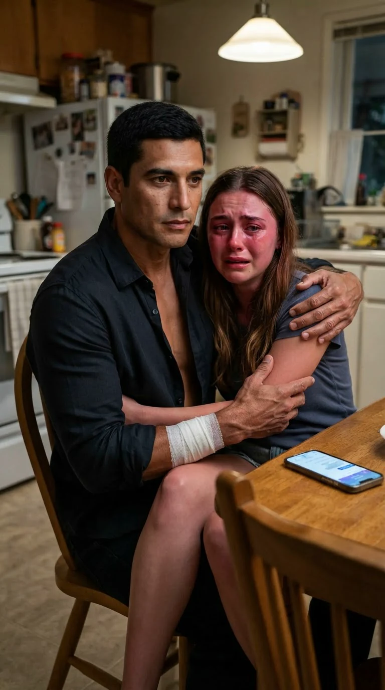 A phone glows on the kitchen table beside the two of them in the chair.
