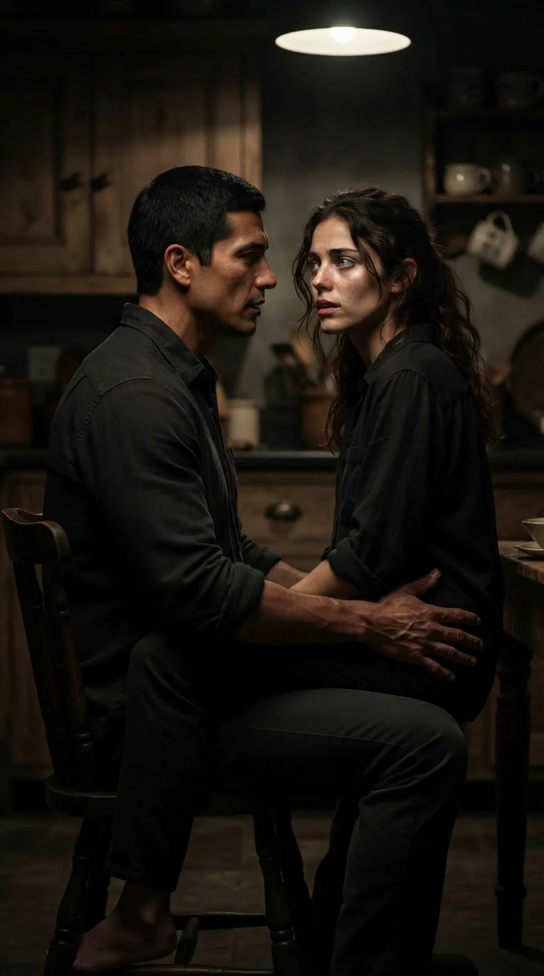 Aurelio holds her gaze in the chair, his face certain, her face afraid.