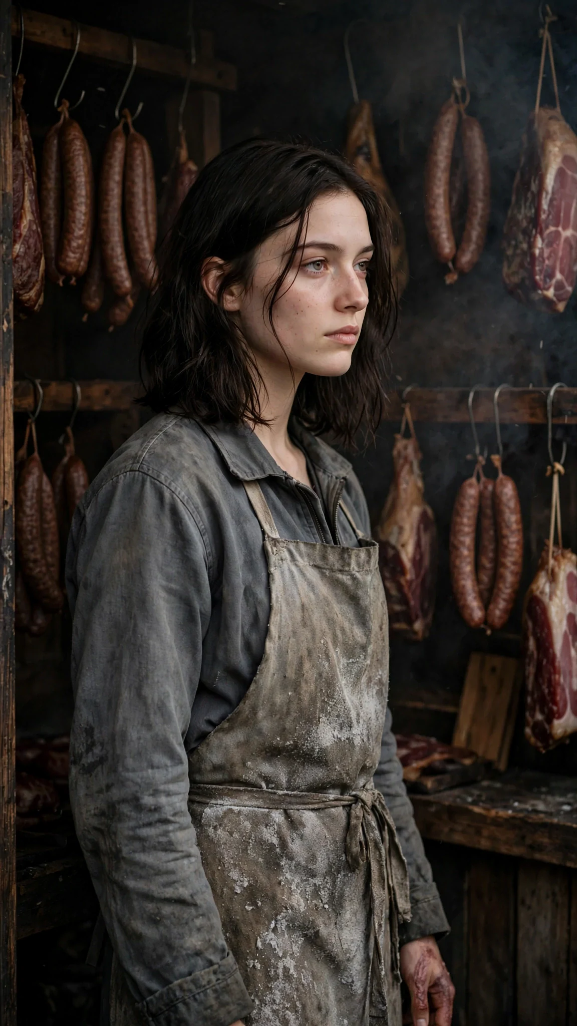 A dark-haired young woman works alone at the back of a smoky meat smokehouse.