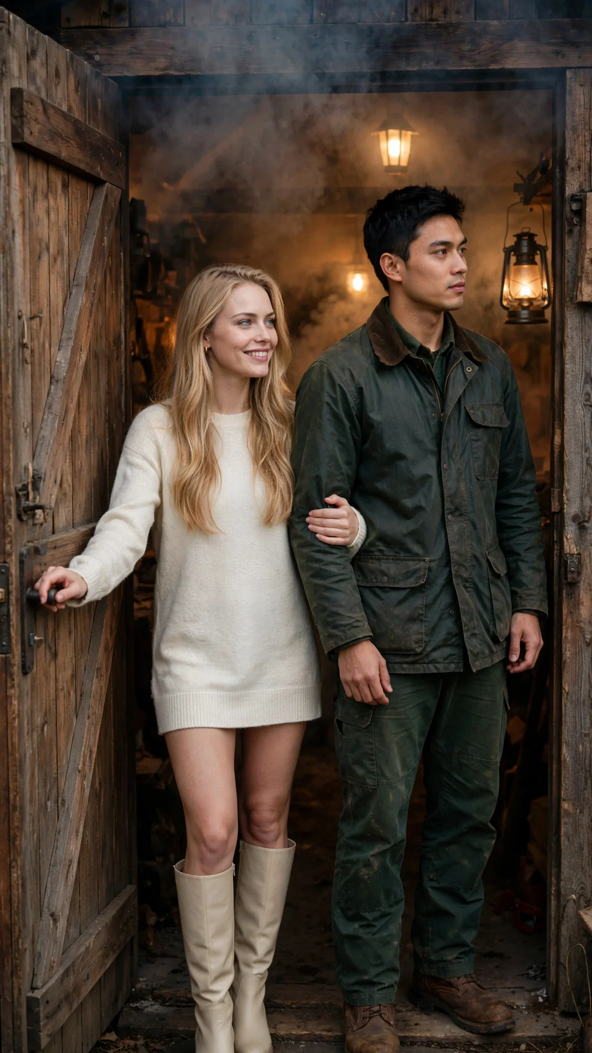 A polished blonde woman in a cream sweater walks into the smokehouse with a broad-shouldered man in a green jacket.