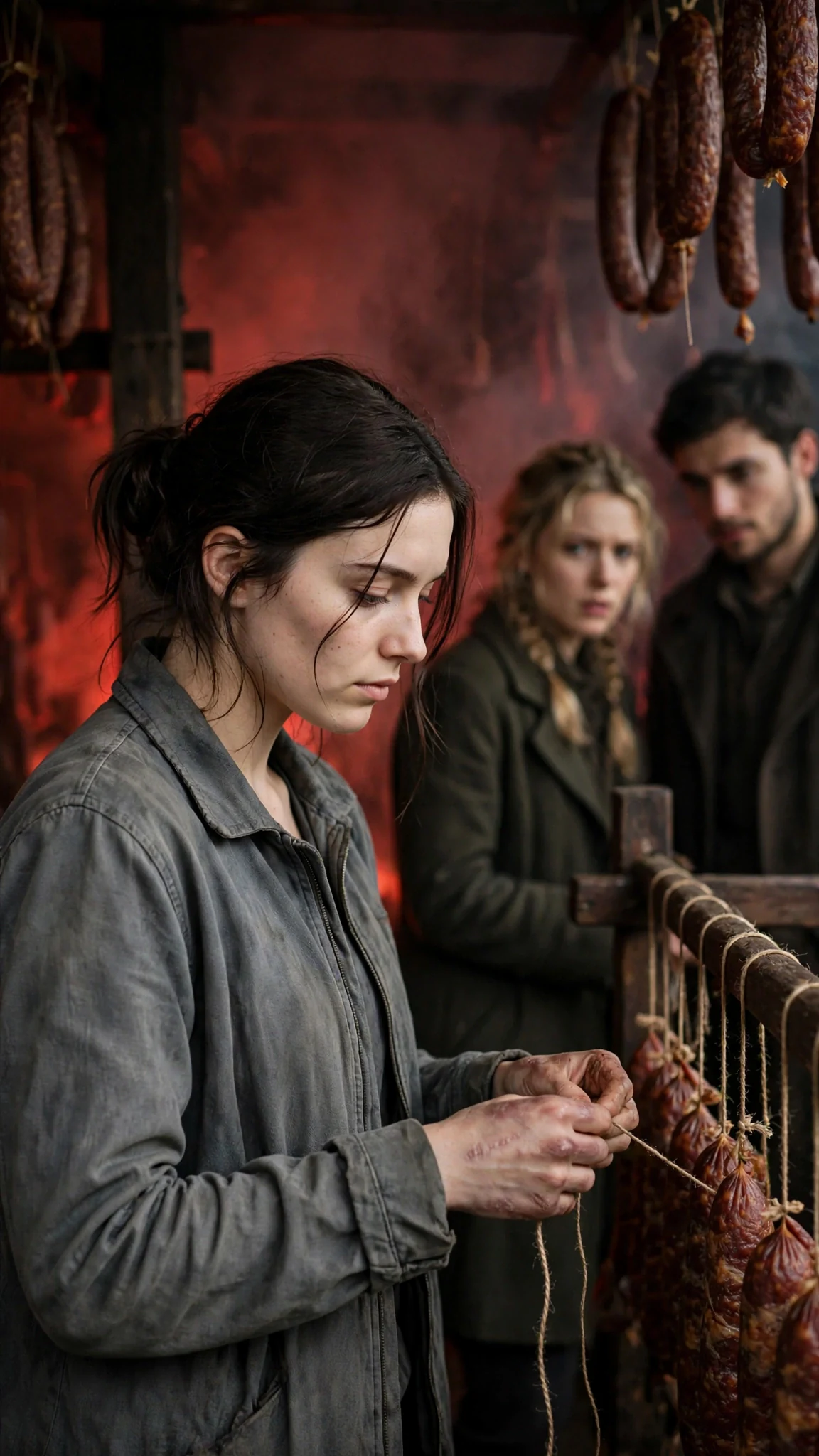The dark-haired worker keeps her eyes down on the meat racks while the couple stands close in the background.