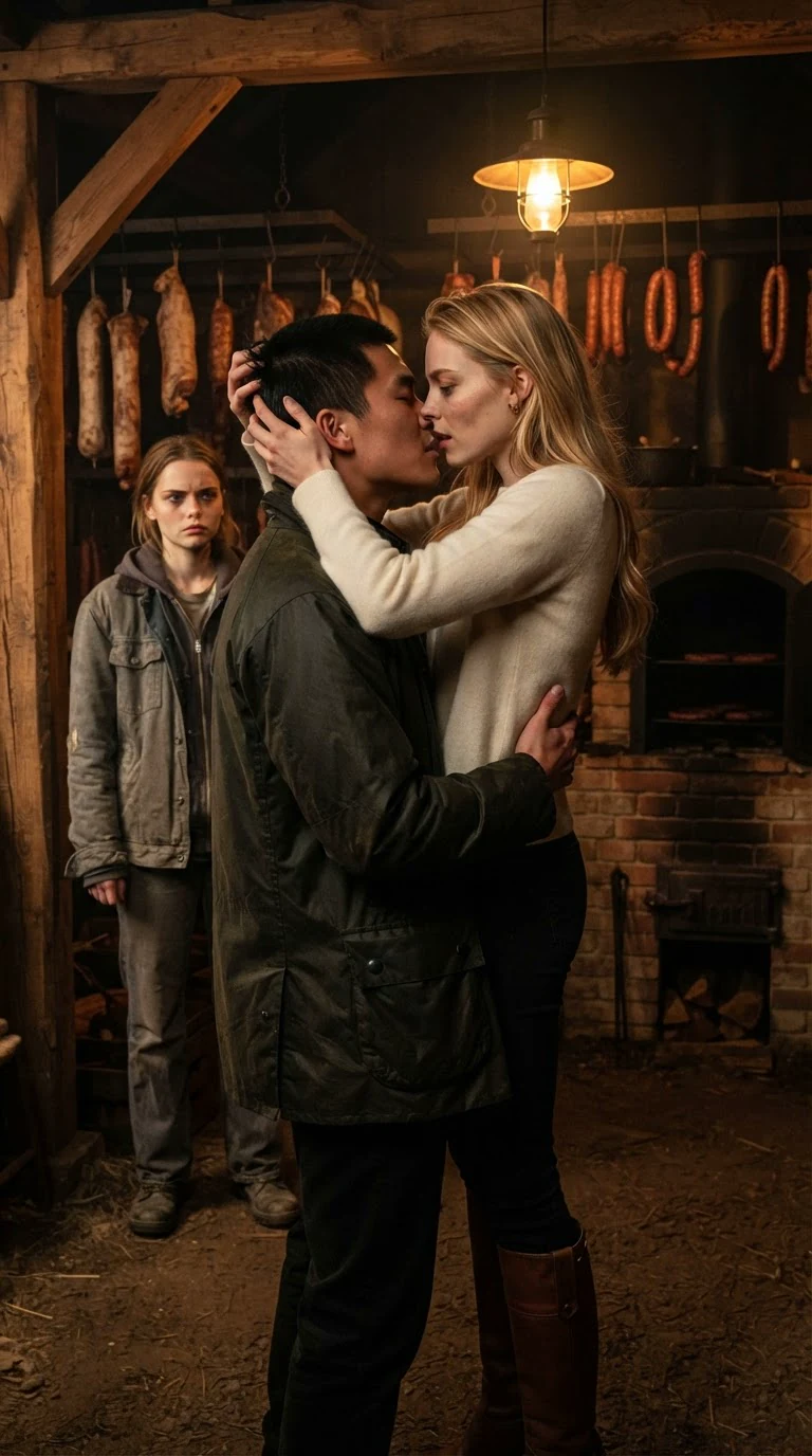 A blonde woman kisses a dark-haired man in the smokehouse doorway, hands in his hair, while a worker watches from the shadows.