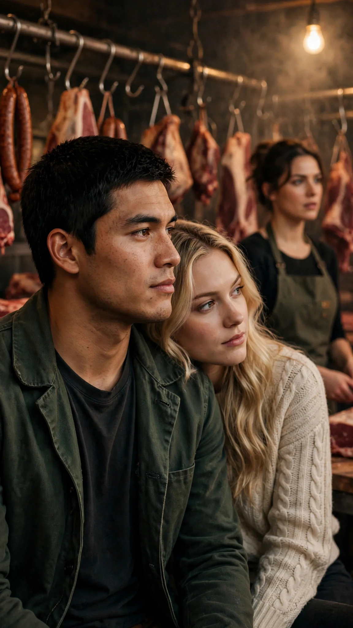 The man looks past the blonde woman's shoulder and finds the dark-haired worker watching.