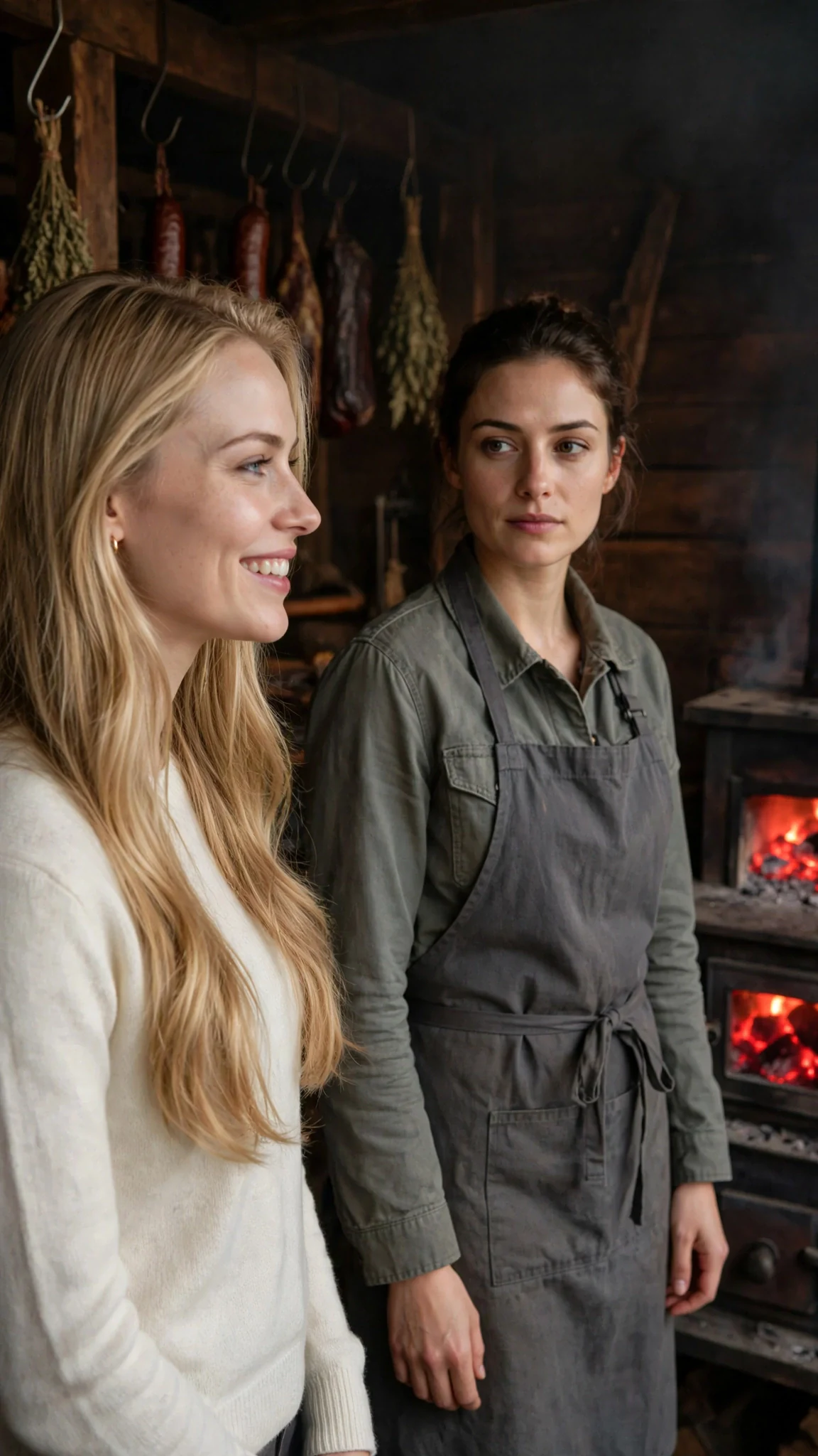 The blonde woman turns slowly toward the worker, her smile fixed and her eyes cold.