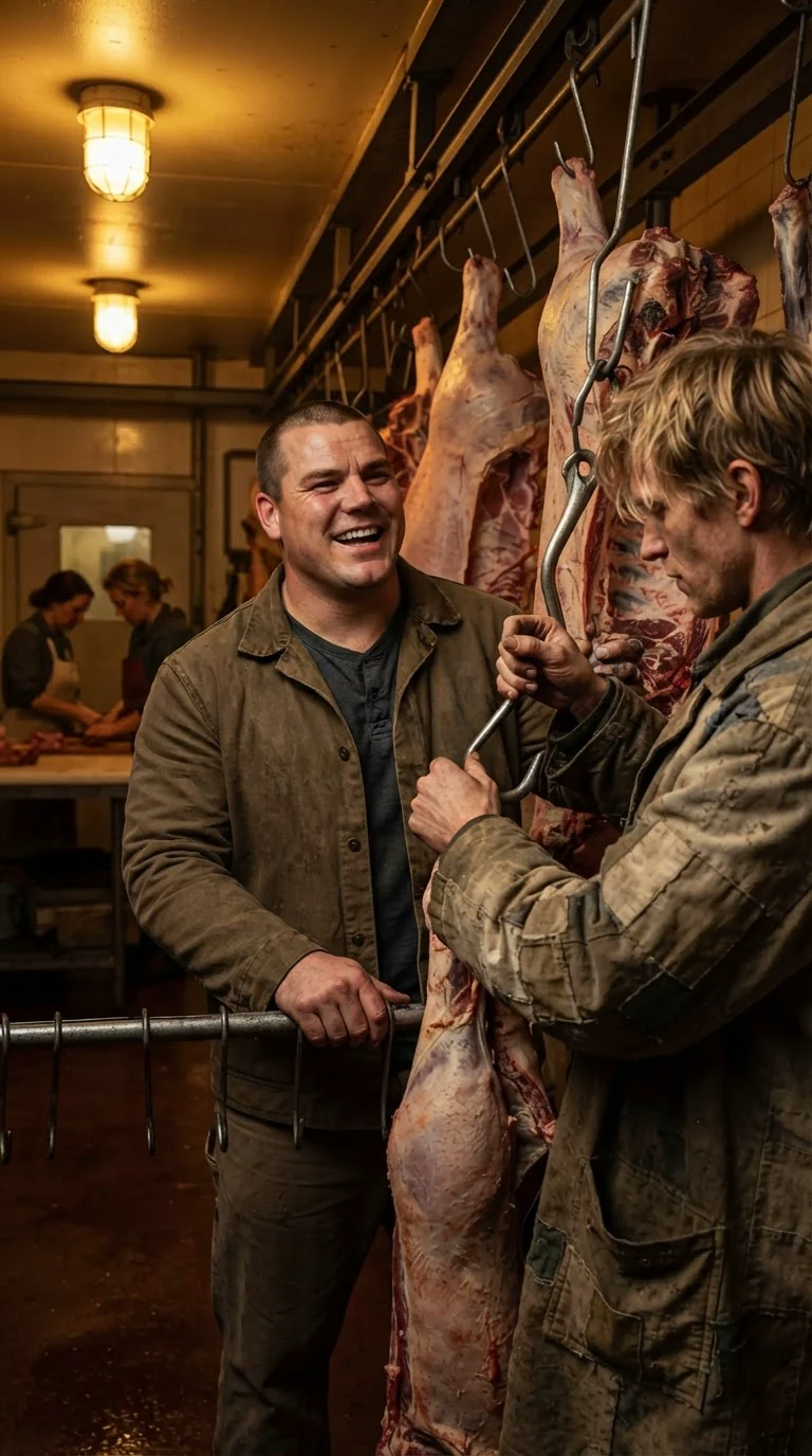 Two men at the hook station, one laughing, the other turning his back to the scene.