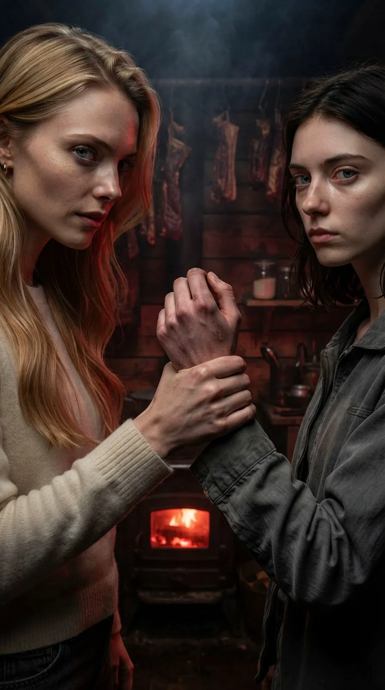 The blonde woman grips the worker's wrist, nails digging in.