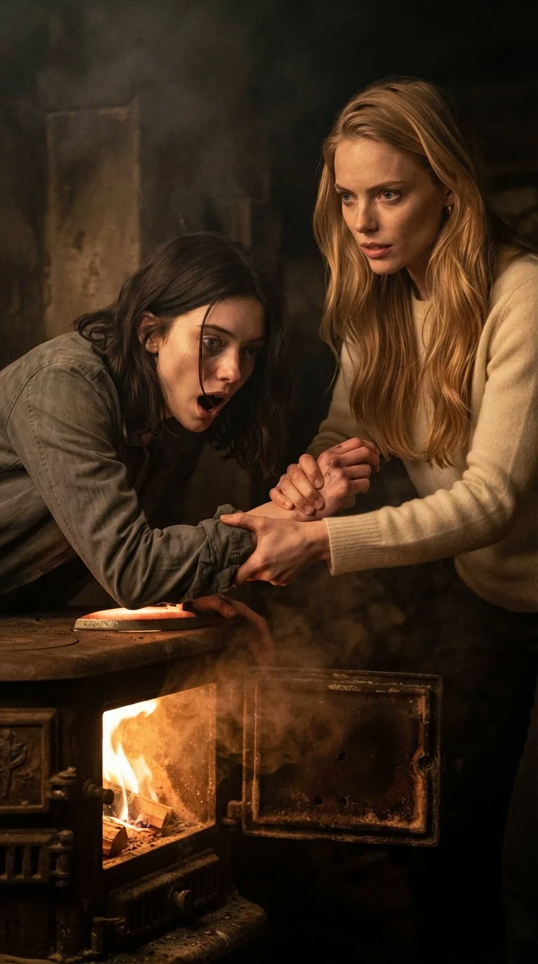 The blonde woman forces the dark-haired worker's palm flat onto the open iron stove door.
