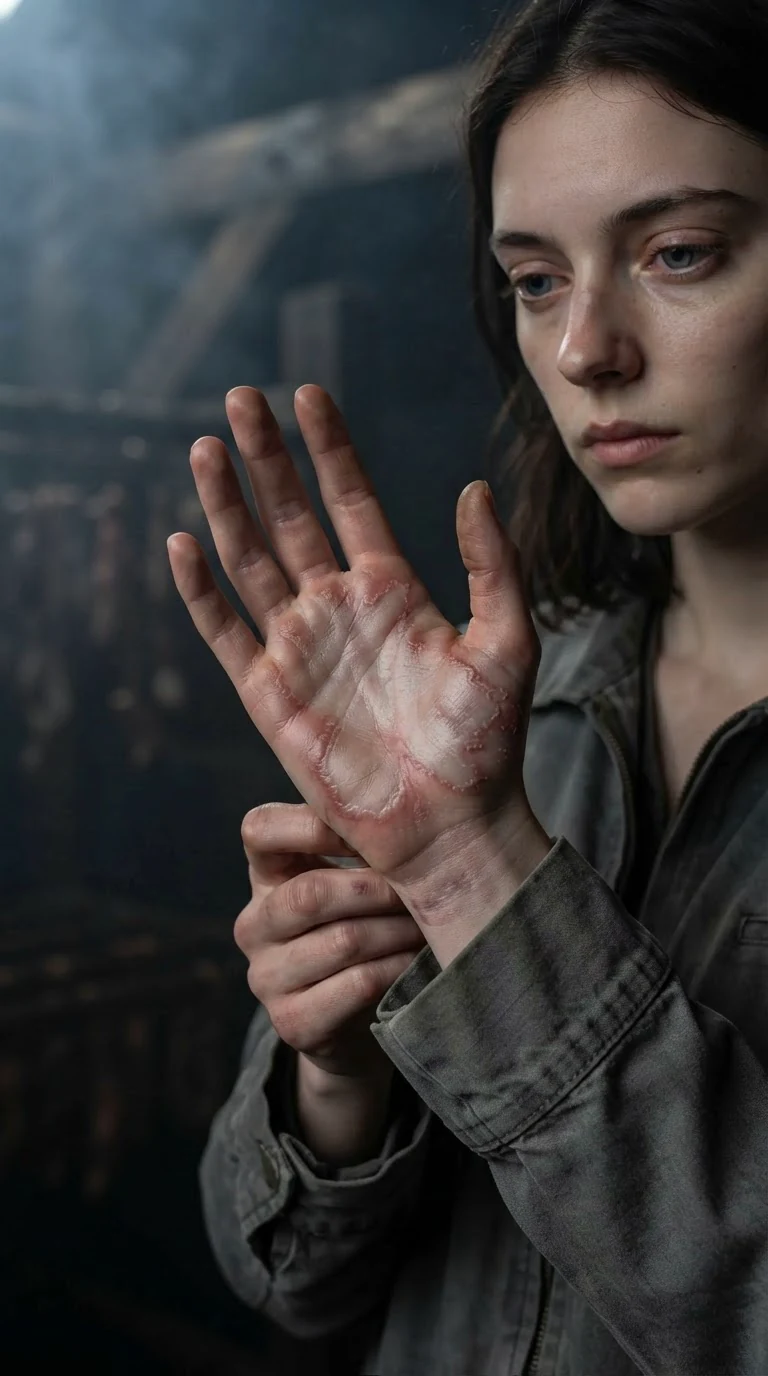 A red, blistered palm print on a young woman's hand, her skin peeling at the edges.