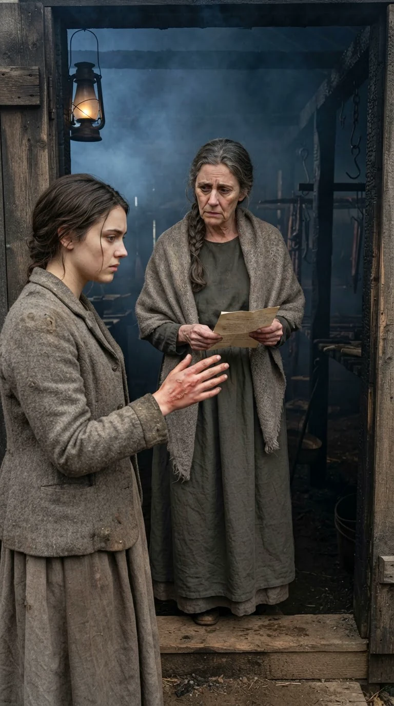 An older woman in a wool shawl enters holding a shift list and stares at the burned hand.