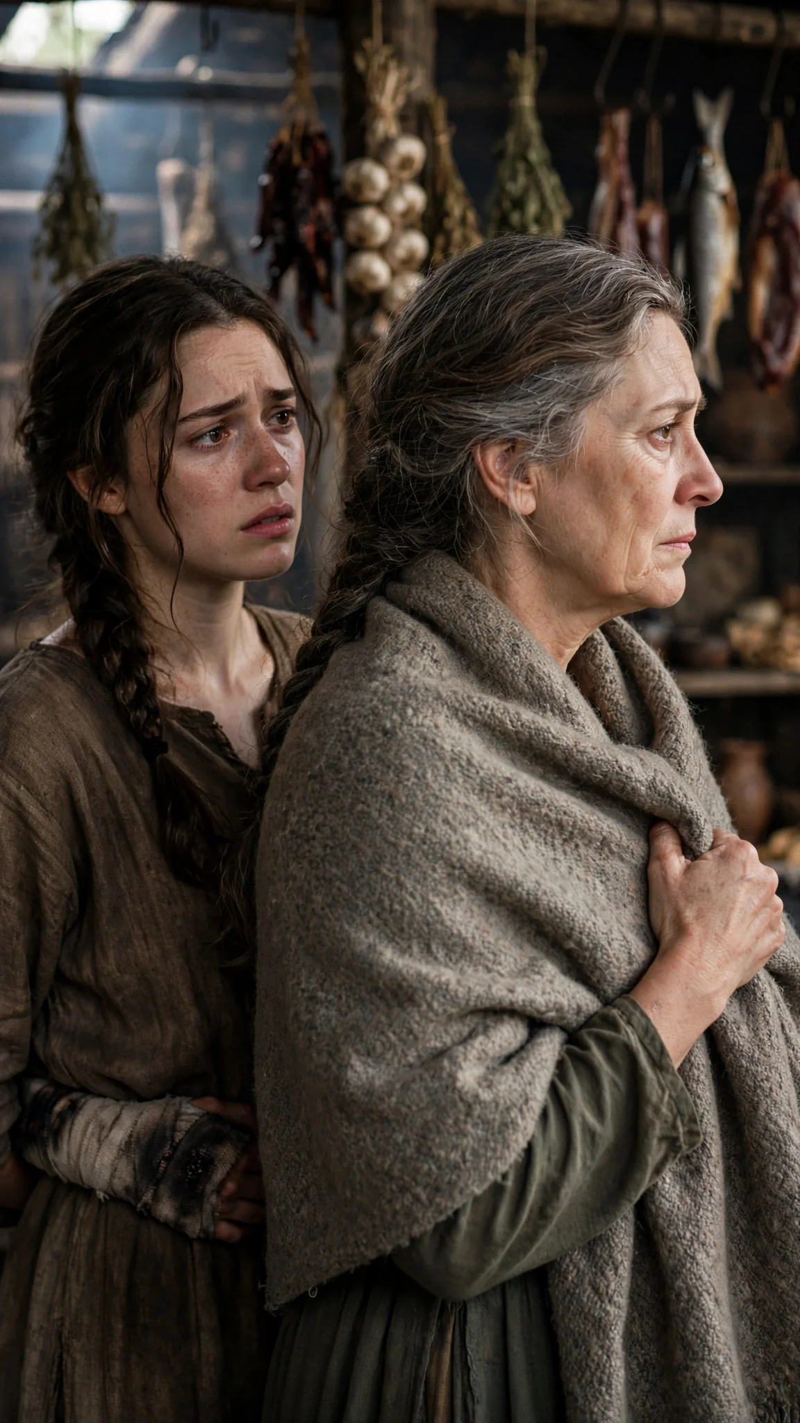 The older woman turns away, pulling her shawl tighter, refusing to look at the injury.