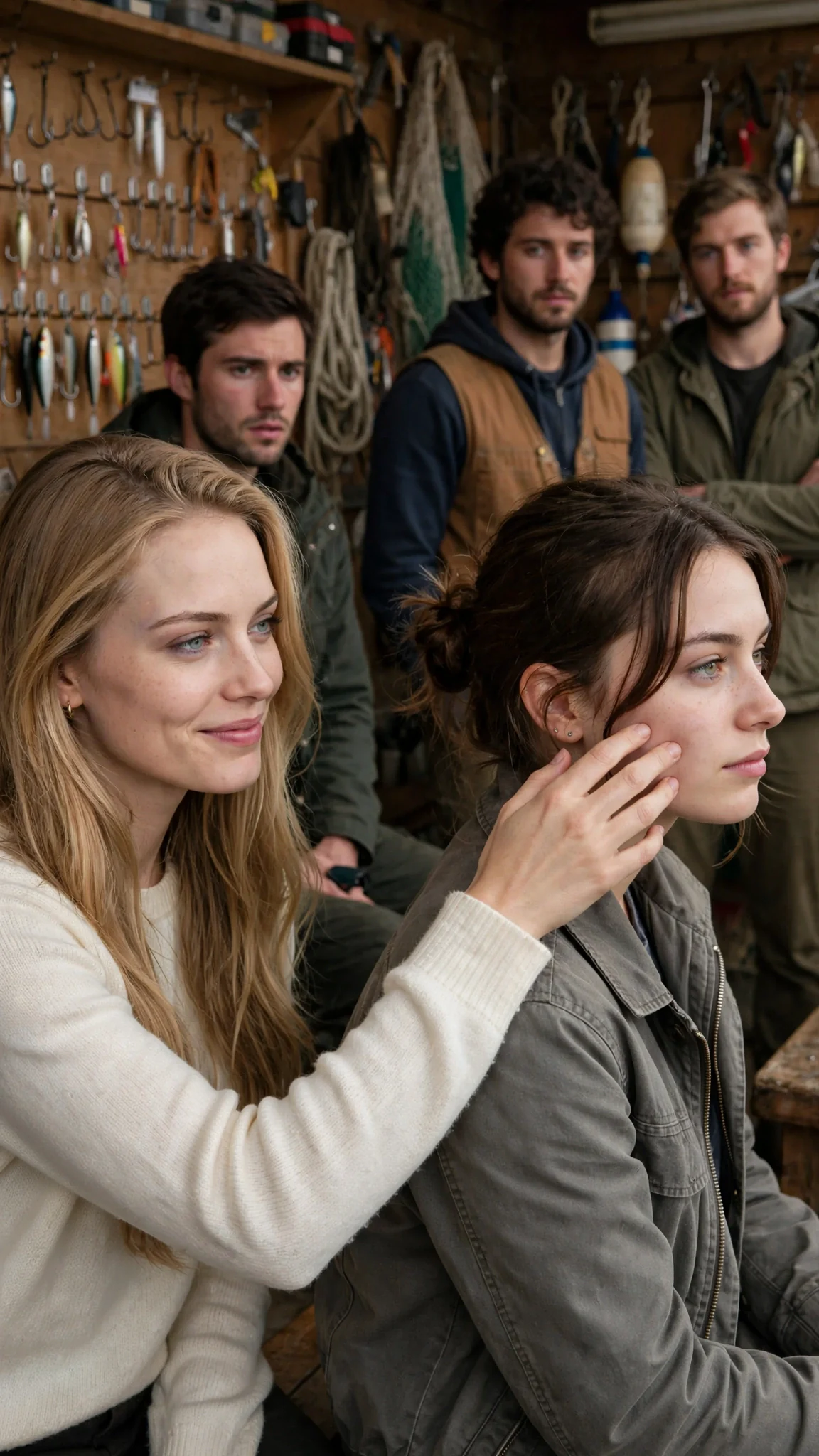 The blonde woman pats the worker's cheek with a soft smile, then walks back toward the man.