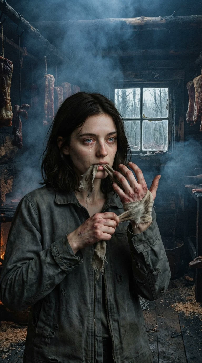 The dark-haired worker wraps her burned hand in a rag and looks toward the smokehouse window.