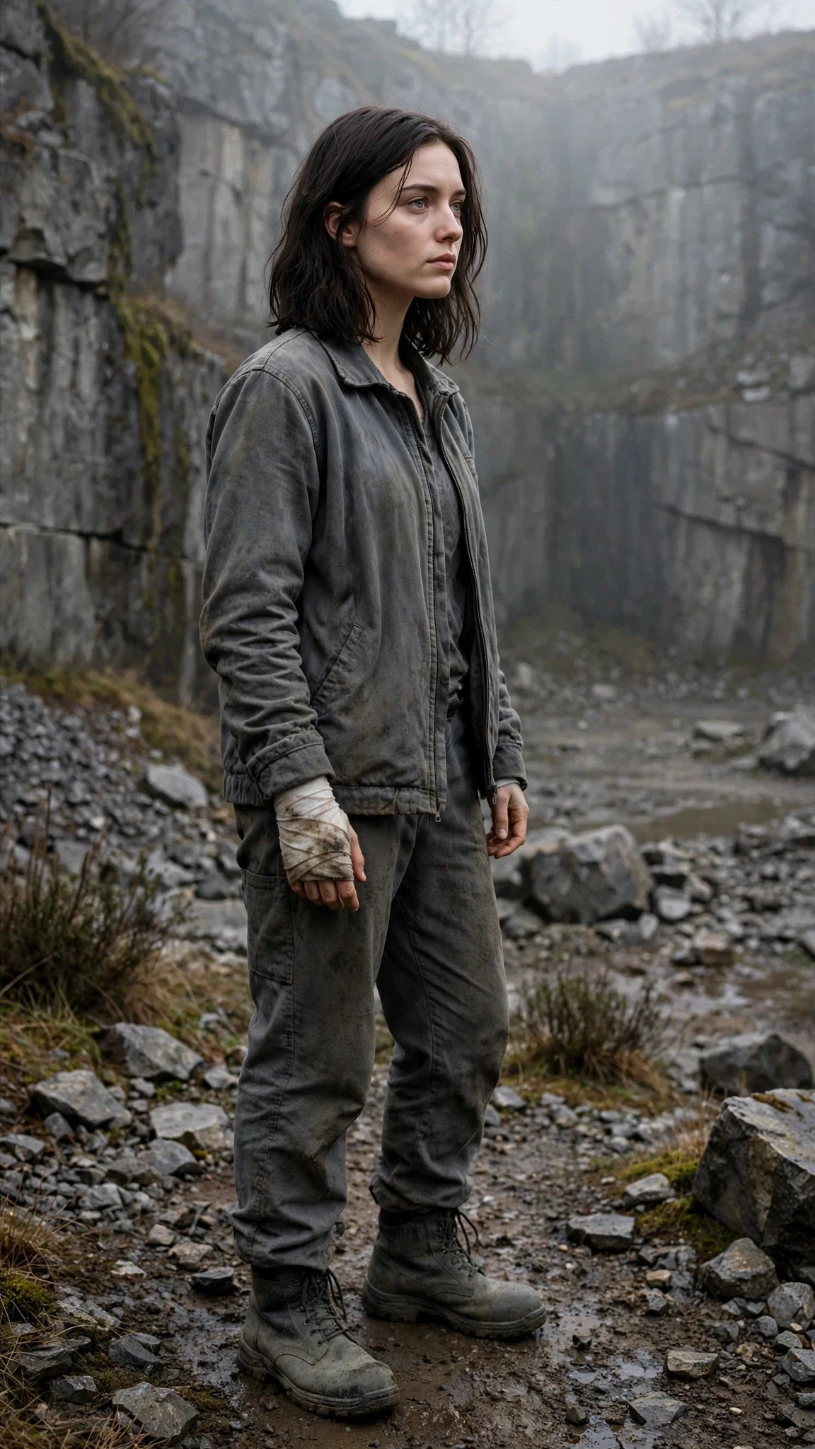 Liora stands alone in a cold stone quarry with her burned hand wrapped in a rag.