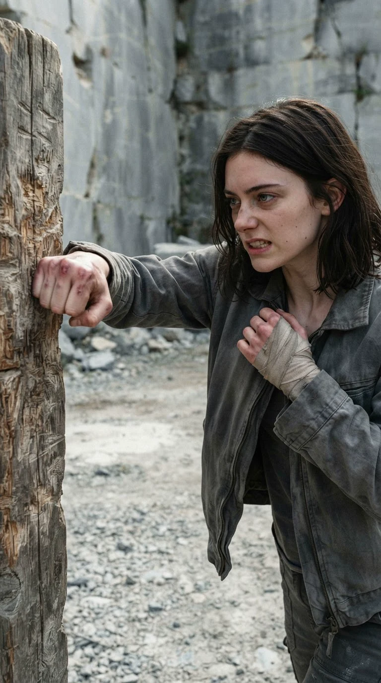 Liora strikes a wooden training post with her left fist in the quarry.