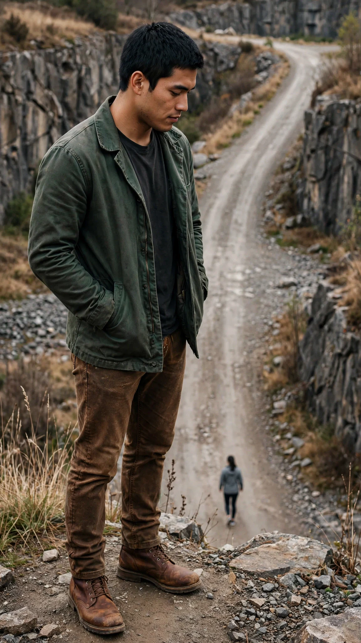 Ansel stands at the top of the quarry road, watching Liora train.