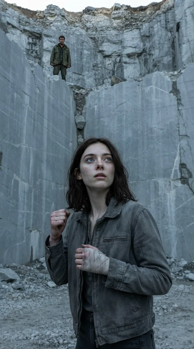 Liora looks up at Ansel with fear, her left fist still raised.