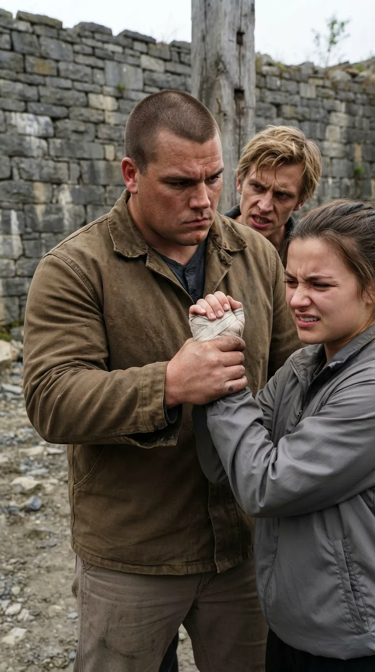Nash squeezes Liora's wrapped hand while Dov sneers.