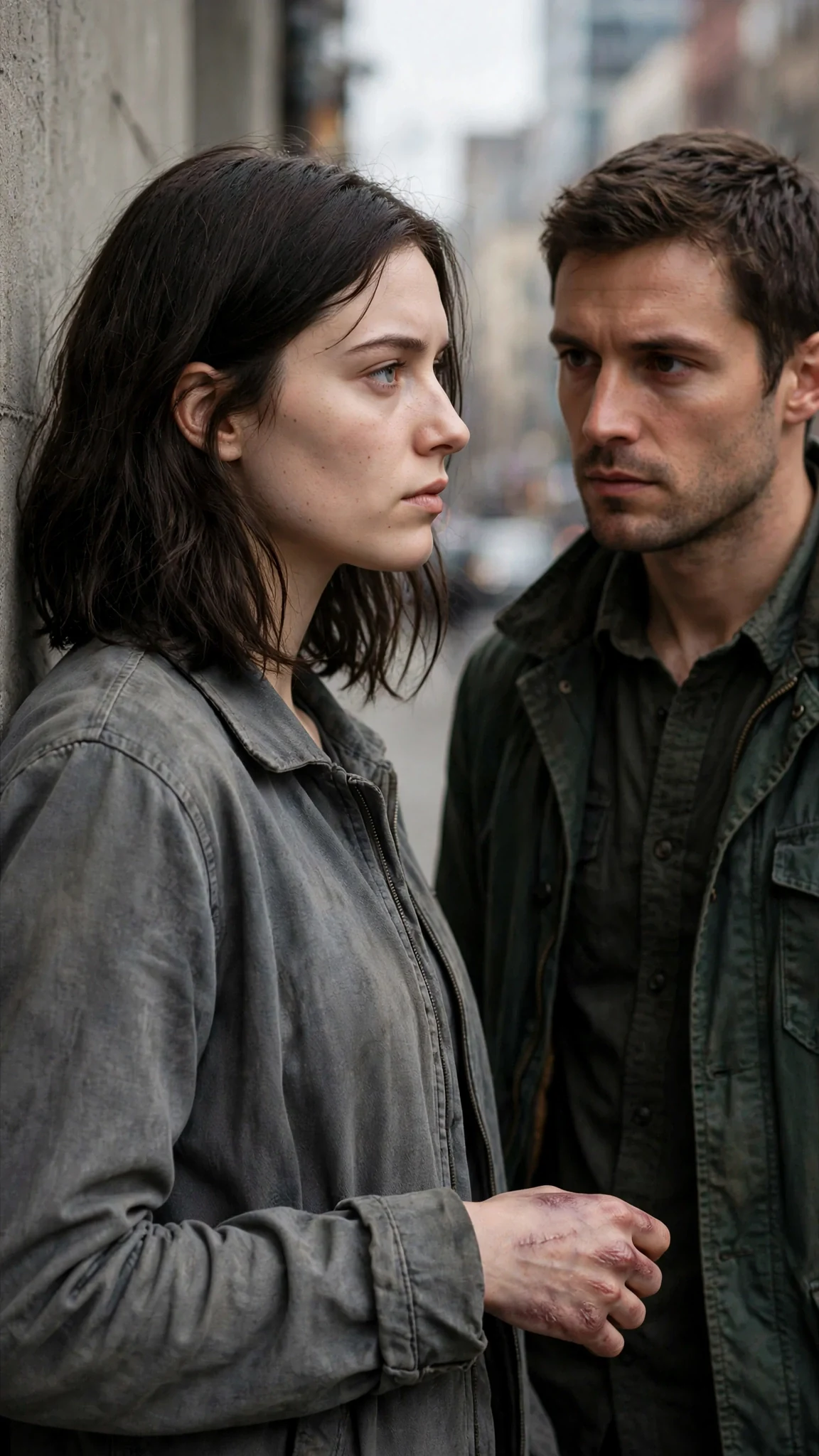 Liora looks away from Ansel, her face guarded and tense.