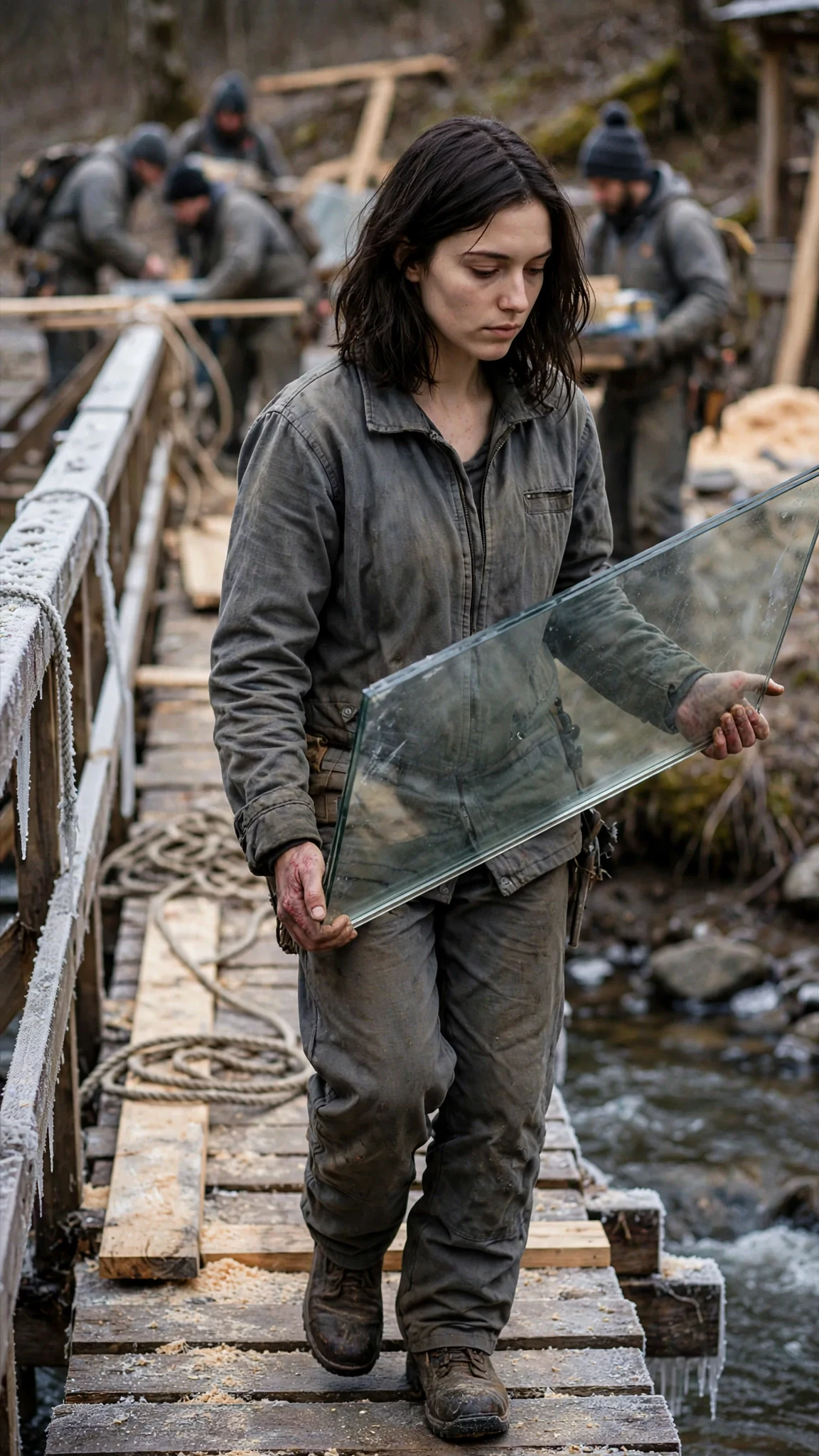 A weary young woman carries a large glass pane across a wooden bridge in a cold forest valley.