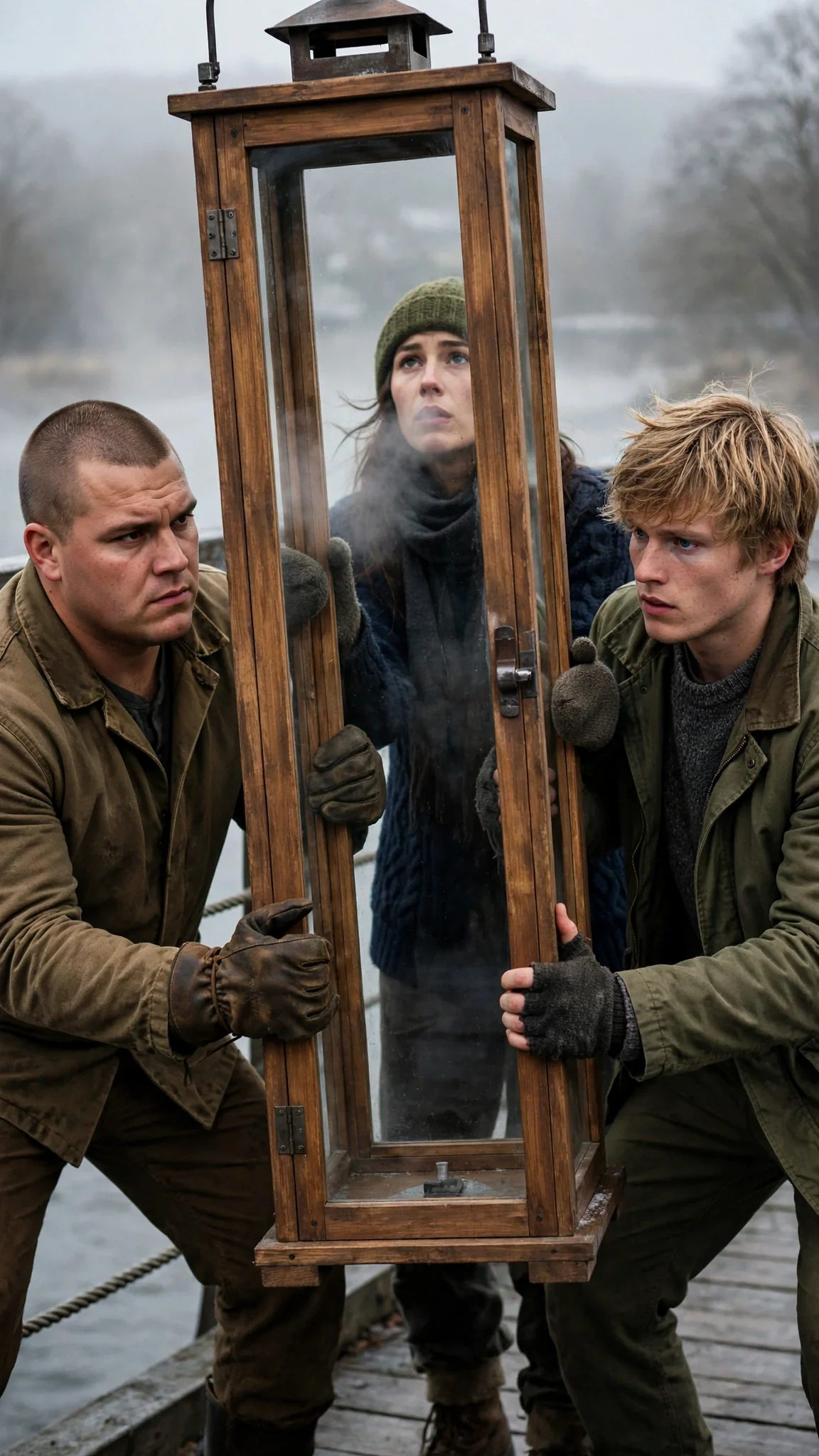 Two men steady a tall wooden frame while a worker in gray holds a glass pane in place.