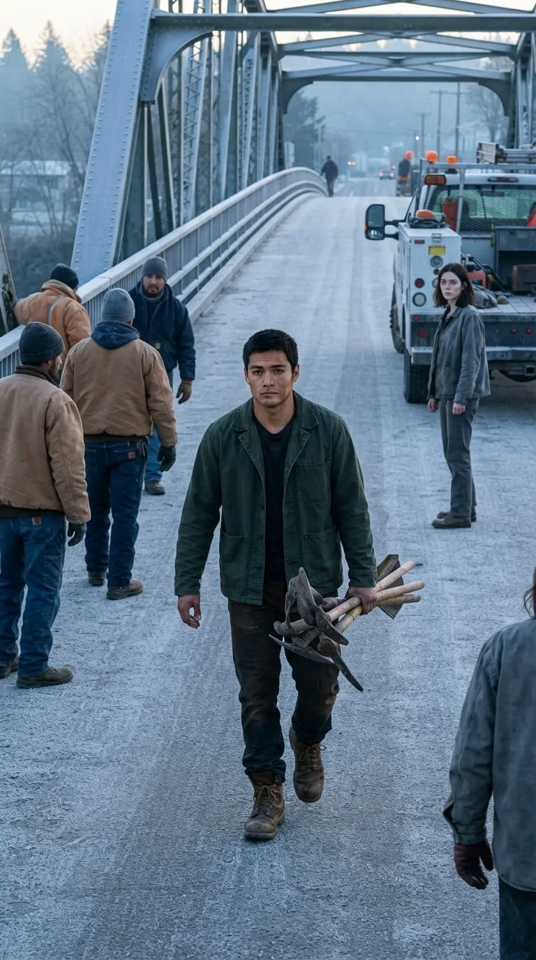 A broad-shouldered man in a dark green jacket walks up the bridge road carrying tools, workers turning to look.