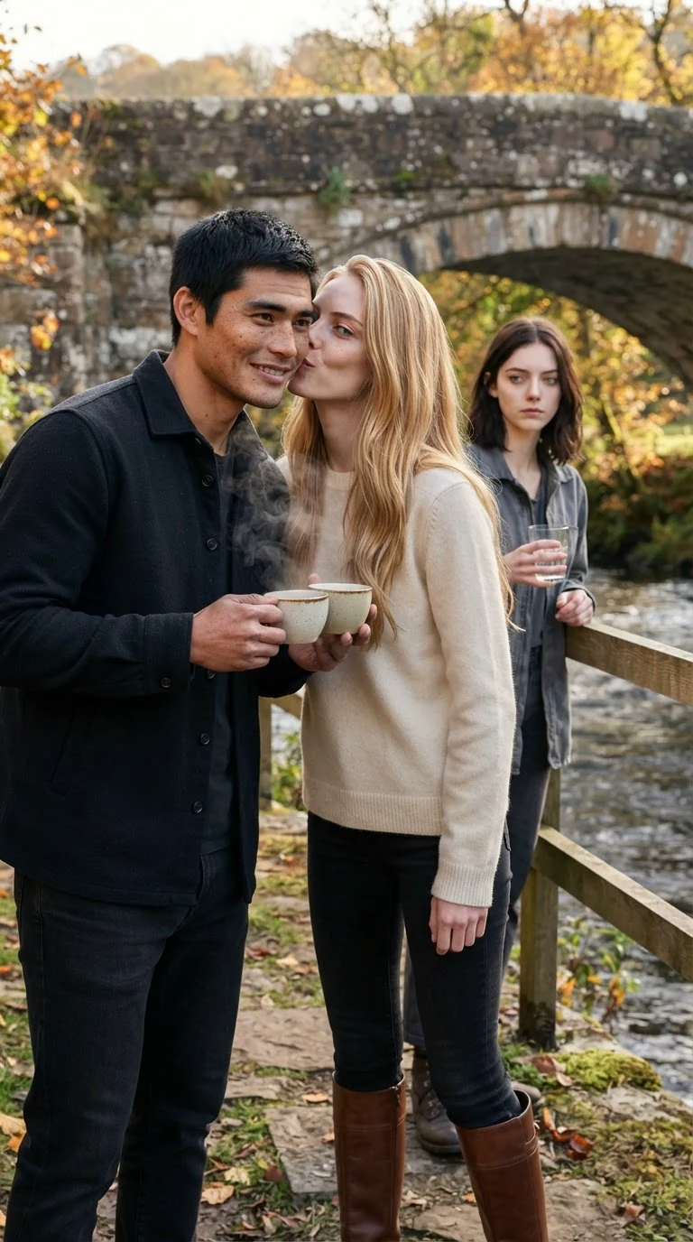 A polished blonde woman in a cream sweater brings two cups down to the bridge and kisses a man's cheek.