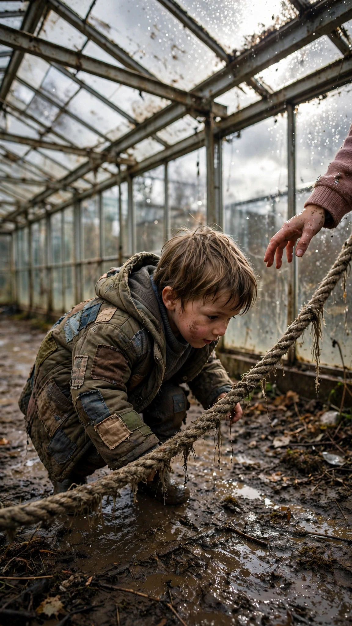 A small child ducks under a rope barrier near tall glass frames on the bridge.