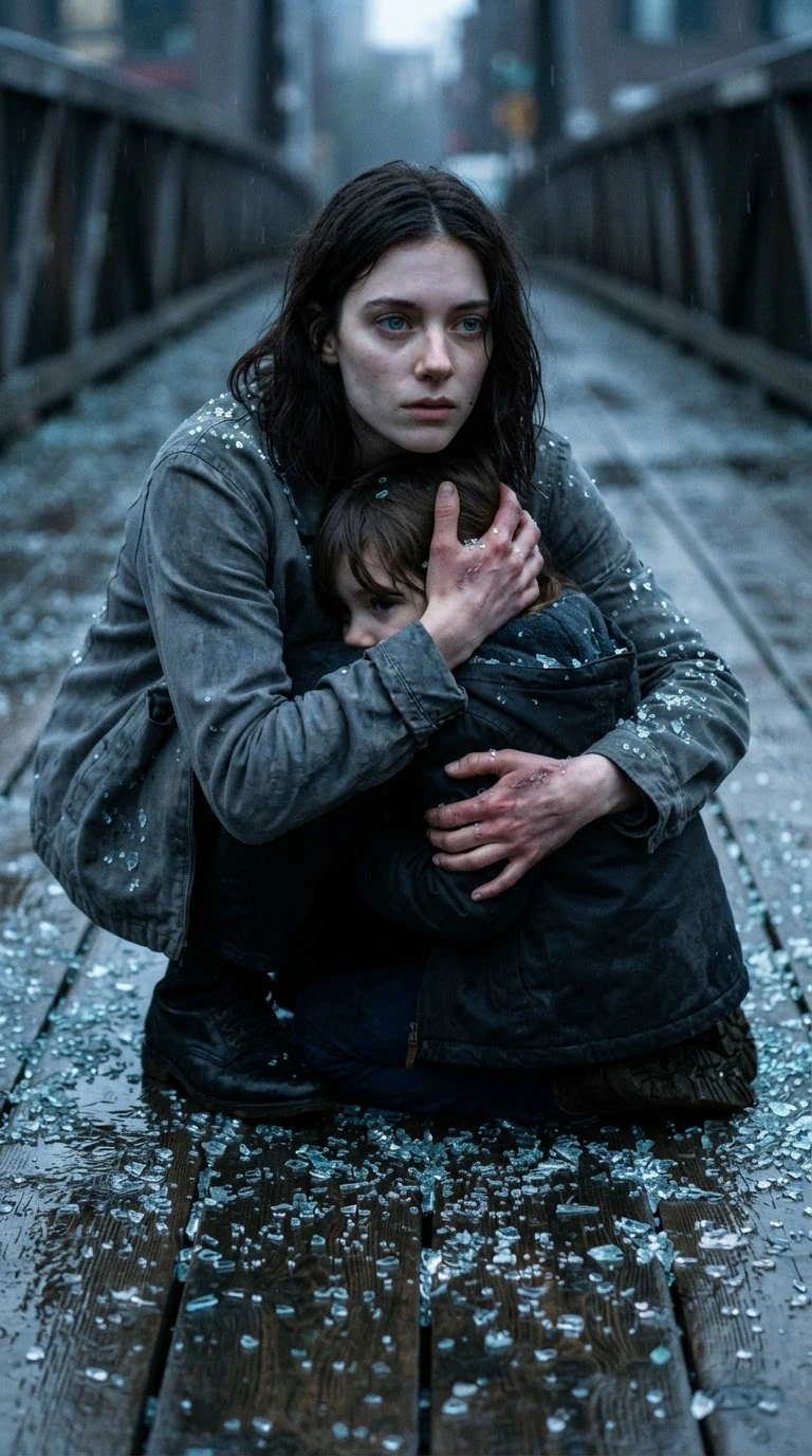 A woman crouches over a child on a bridge, glass shards scattered across her back and the boards.