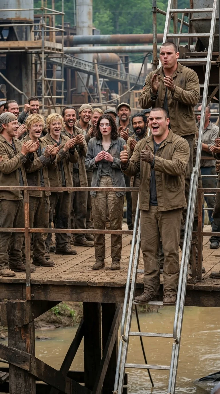 Pack workers clap and shout on a crowded bridge, a woman in gray standing stunned in the middle.