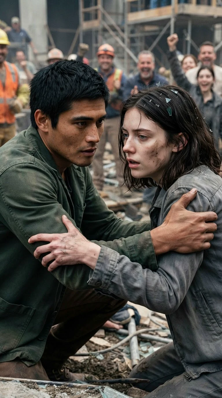 A man in a green jacket pulls a muddy woman to her feet and holds her arm, close to her.