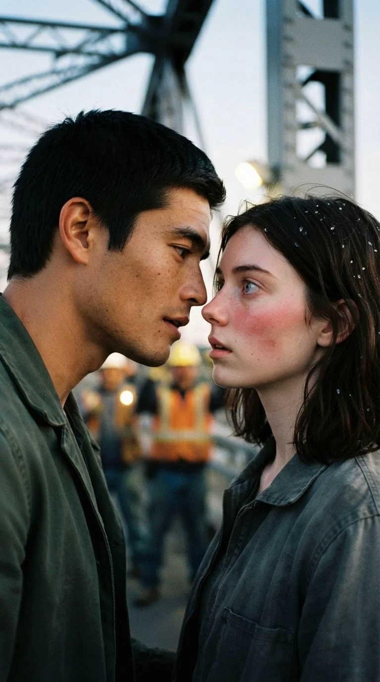 A man leans close to a muddy woman on a crowded bridge, her face flushing as she looks away.