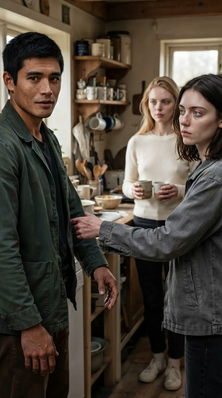 A muddy woman steps back from a man's hand, glancing past him at a blonde woman watching.