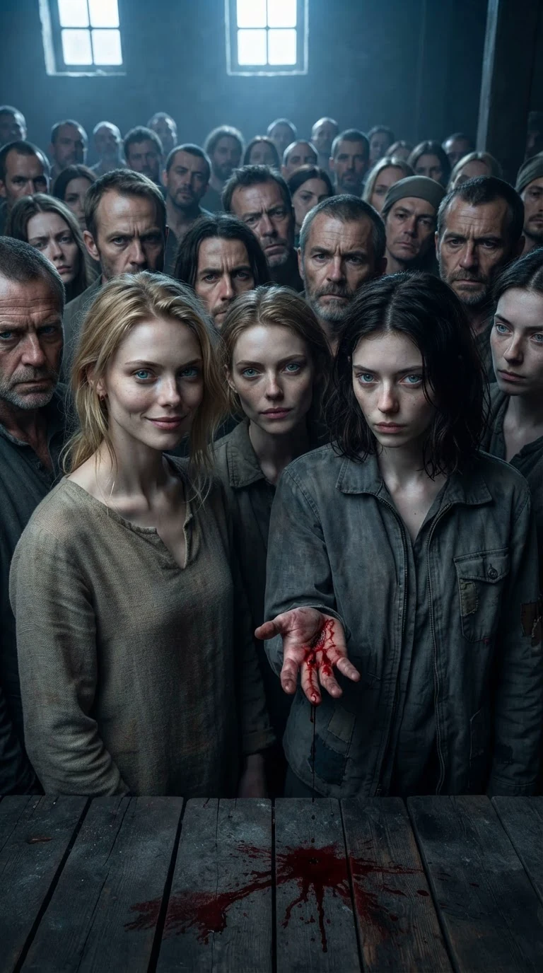 A crowd on a bridge turns to stare at a muddy woman with a bleeding hand.