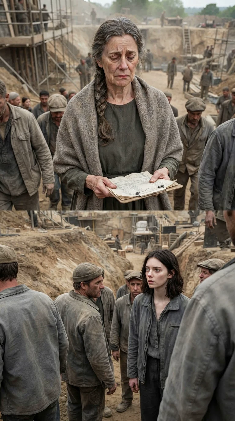 A gray-haired woman in a wool shawl climbs the bank with a list in her hand, mouth pressed thin.