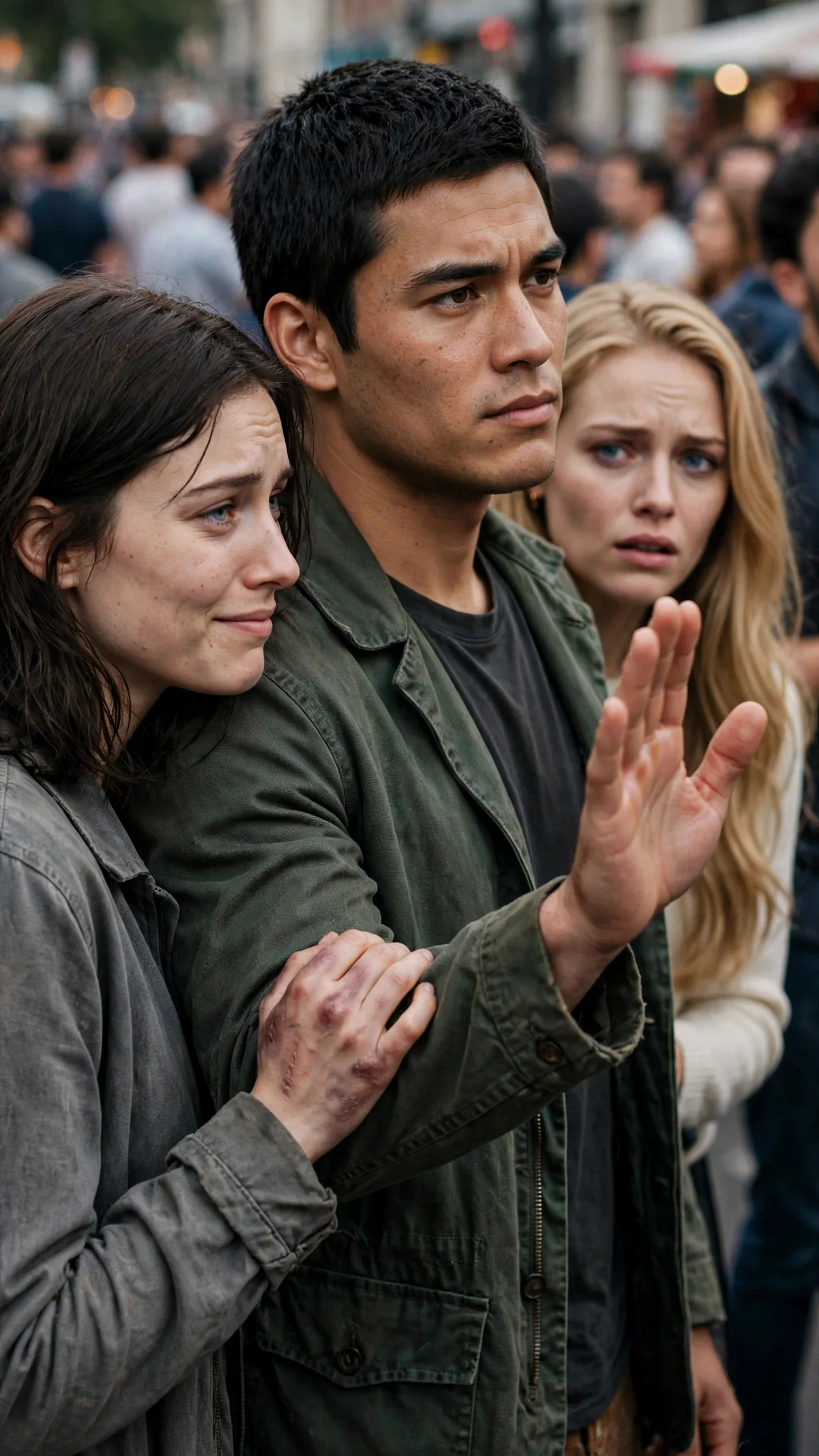A man in a green jacket speaks firmly while a blonde woman turns to him with a soft, hurt smile.
