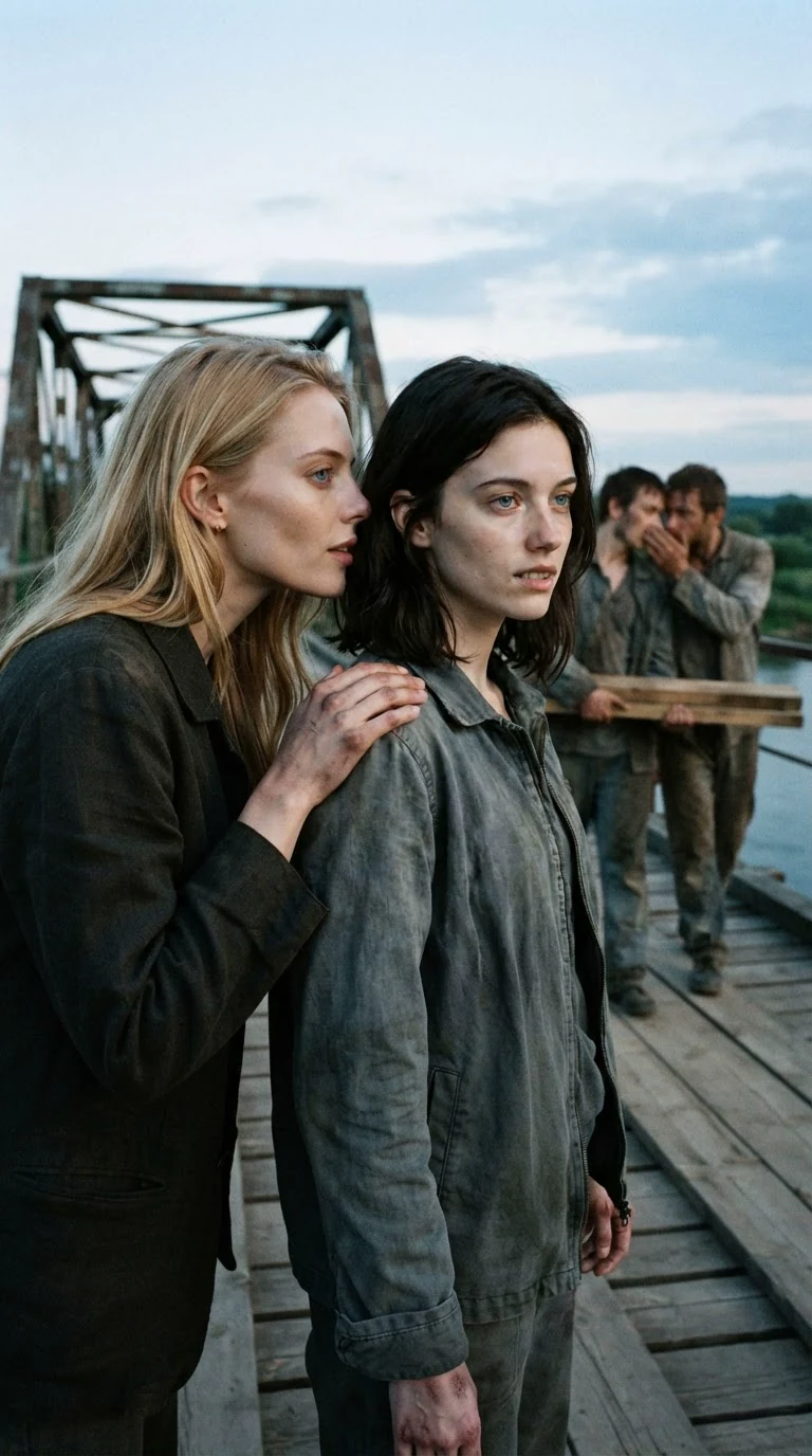 A blonde woman leans close to whisper to her muddy sister on the bridge.