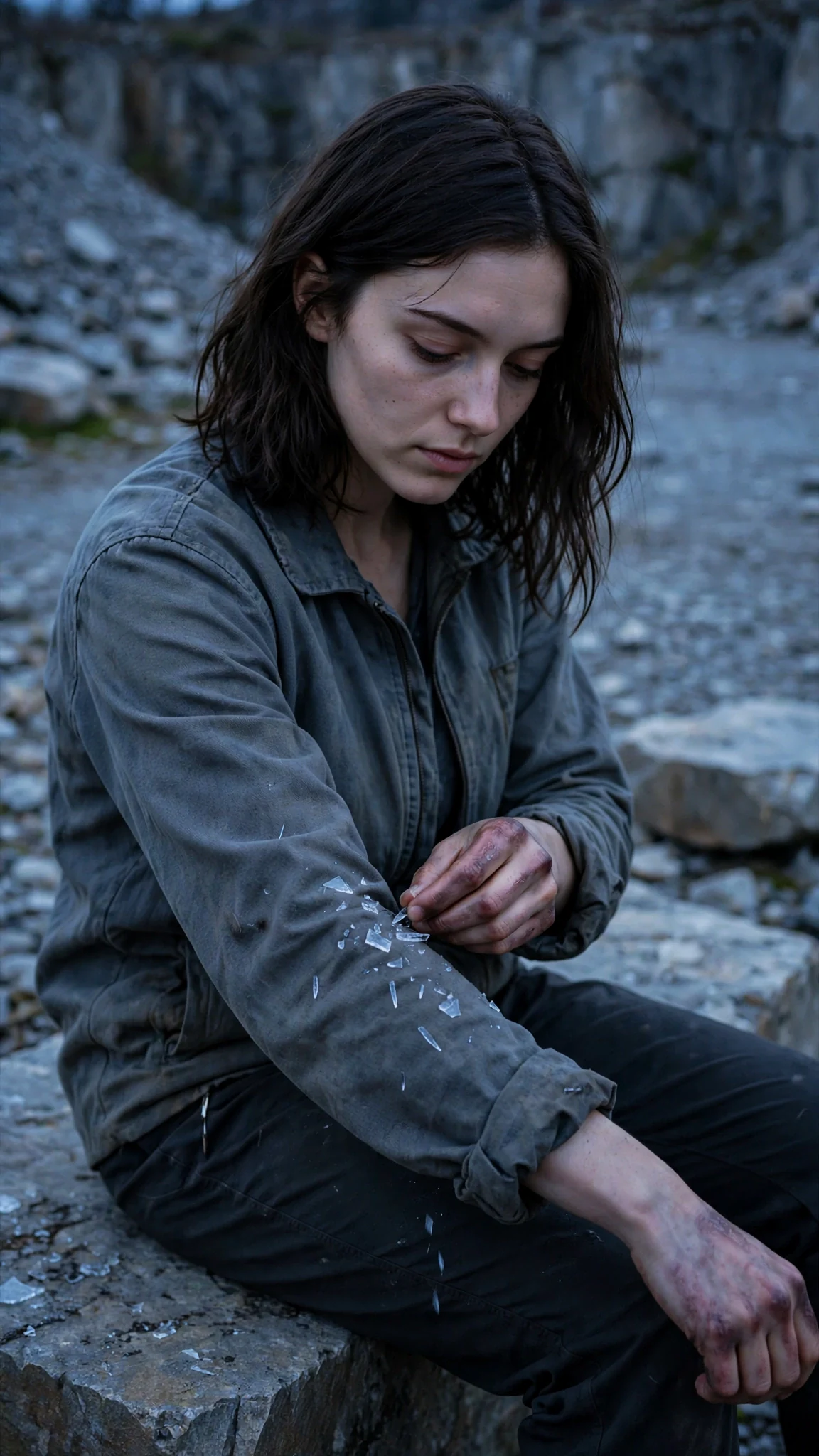Liora picks shards of glass from her torn jacket sleeve.