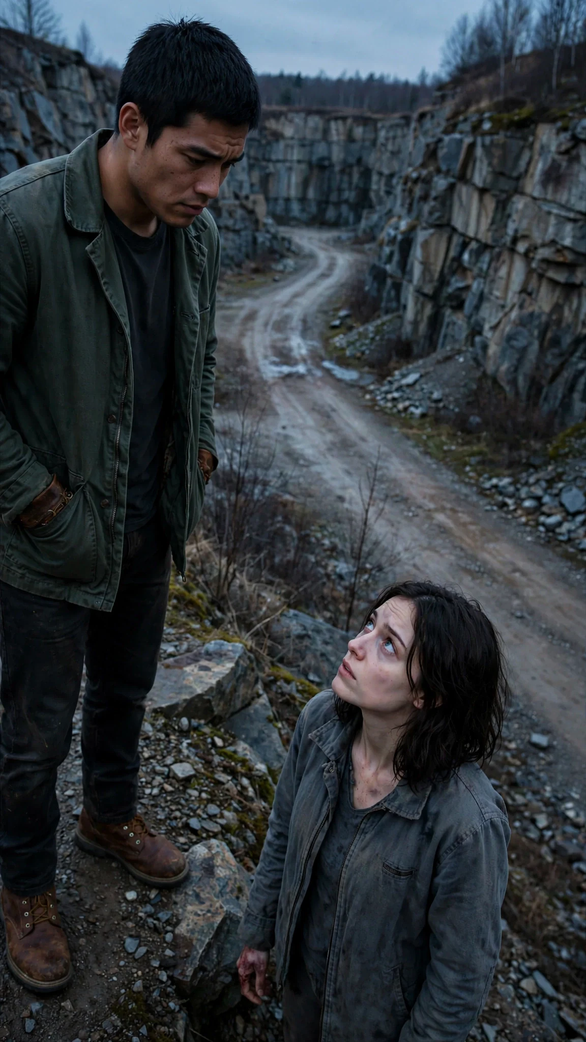 Ansel appears at the top of the quarry road, hands in his jacket pockets.