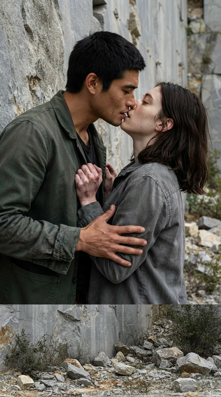 Ansel's hands slide under Liora's shirt as they kiss, both lost in the bond.