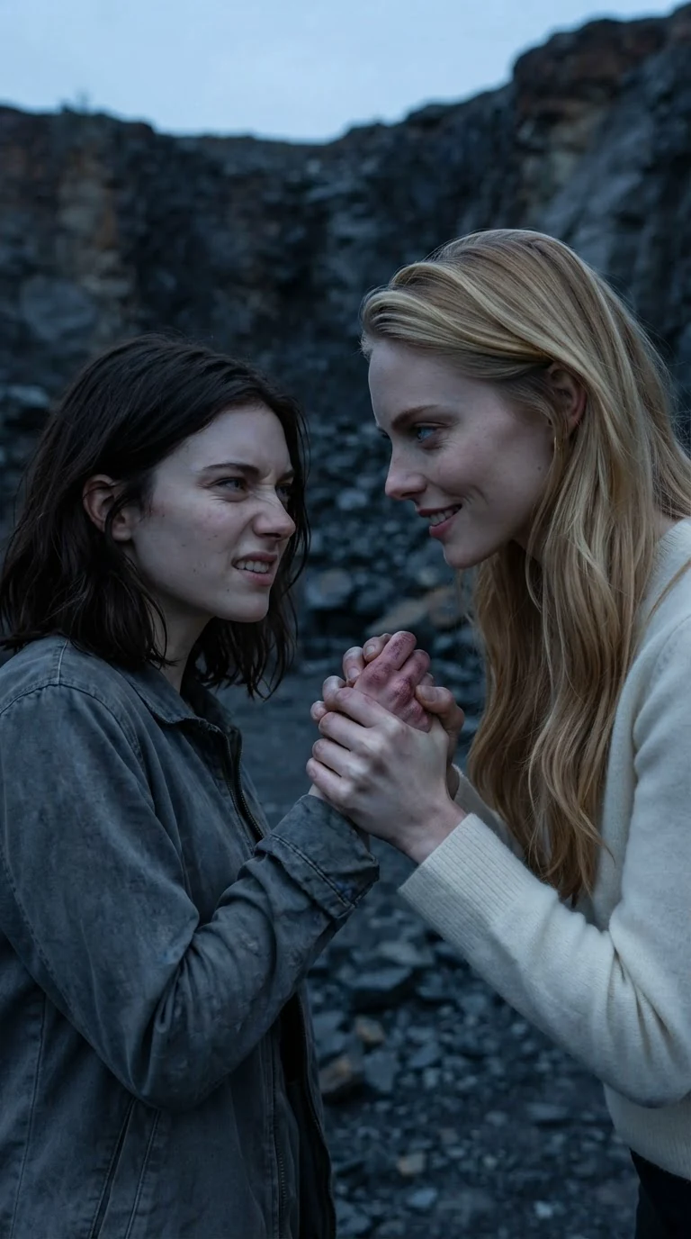 Sabine squeezes Liora's burned hand, leaning close with a threat.