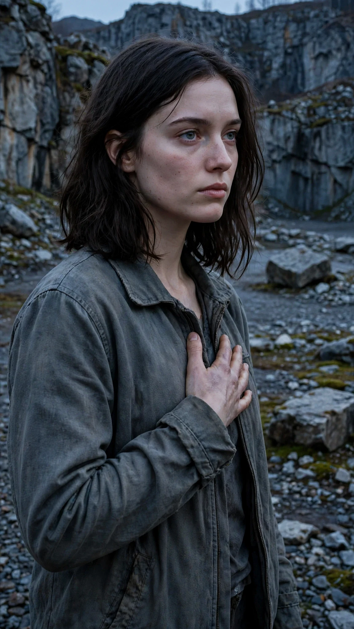 Liora stands alone in the quarry, one hand over her shirt, calculating.