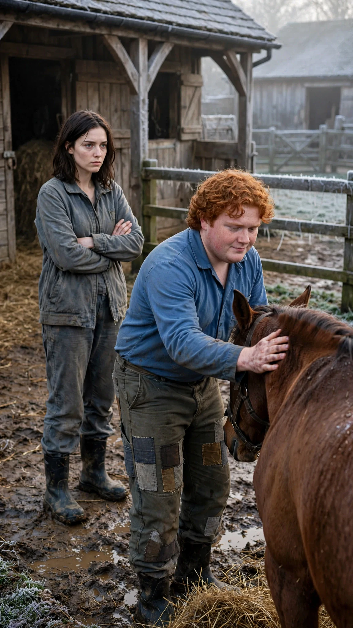 A young woman in a worn gray jacket stands in a cold stable yard while a red-haired man in a blue work shirt grins at a bay mare.