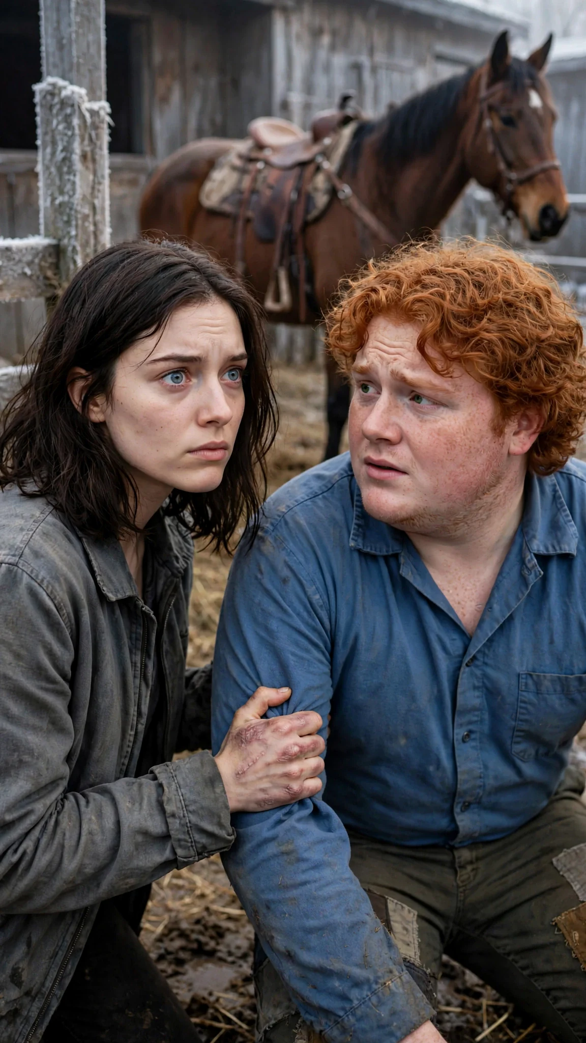 The woman in gray grips the man's sleeve, her face tight with warning.